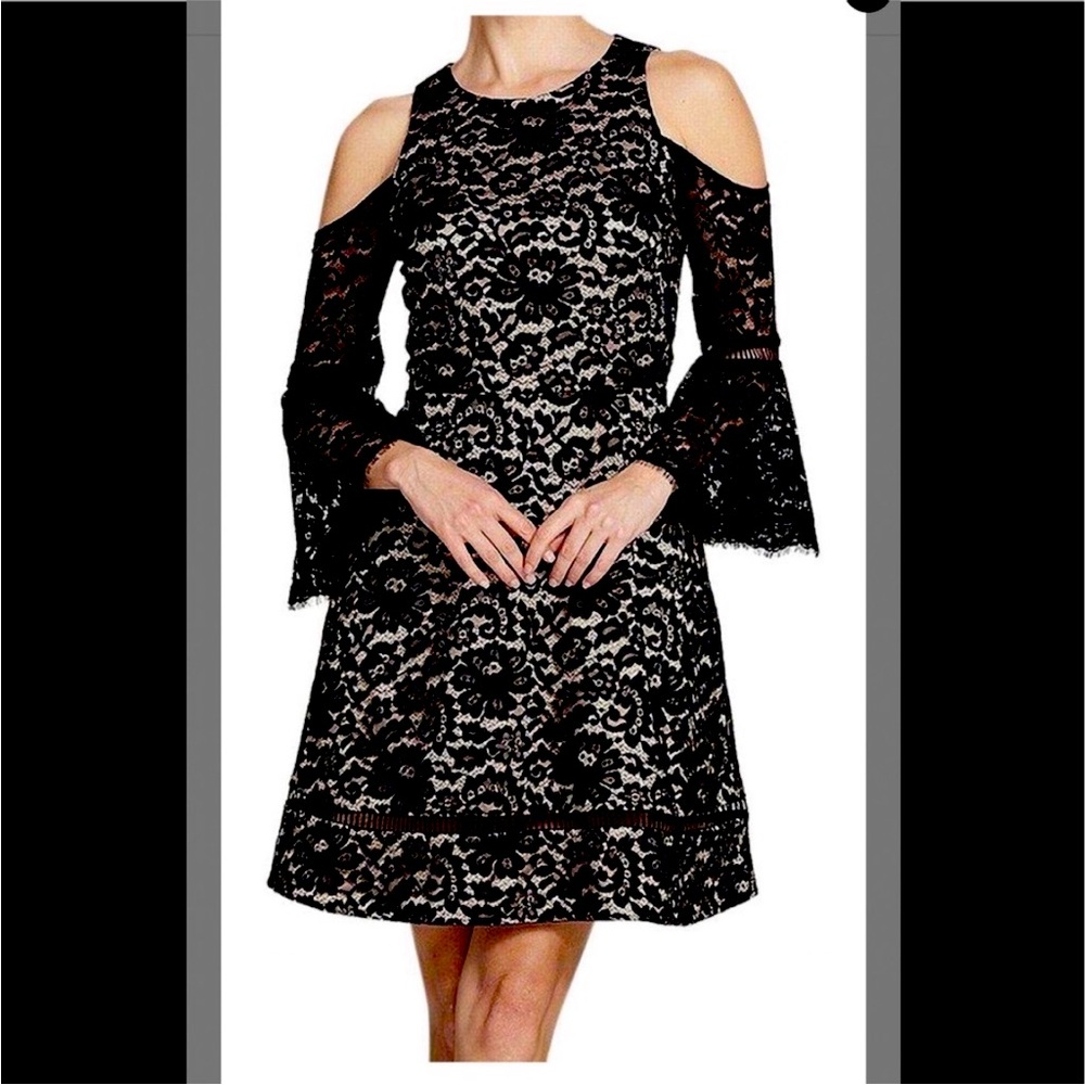 Eliza J Black Cream Cold Shoulder Bell Sleeve Cocktail Dress With Side Pockets